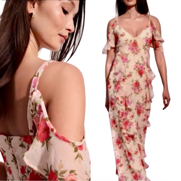 NWTS💓THE OCCASION M💓PREMIUM LINE OFF SHOULDER PINK RUFFLED CHIFFON MAXI DRESS - Picture 1 of 16